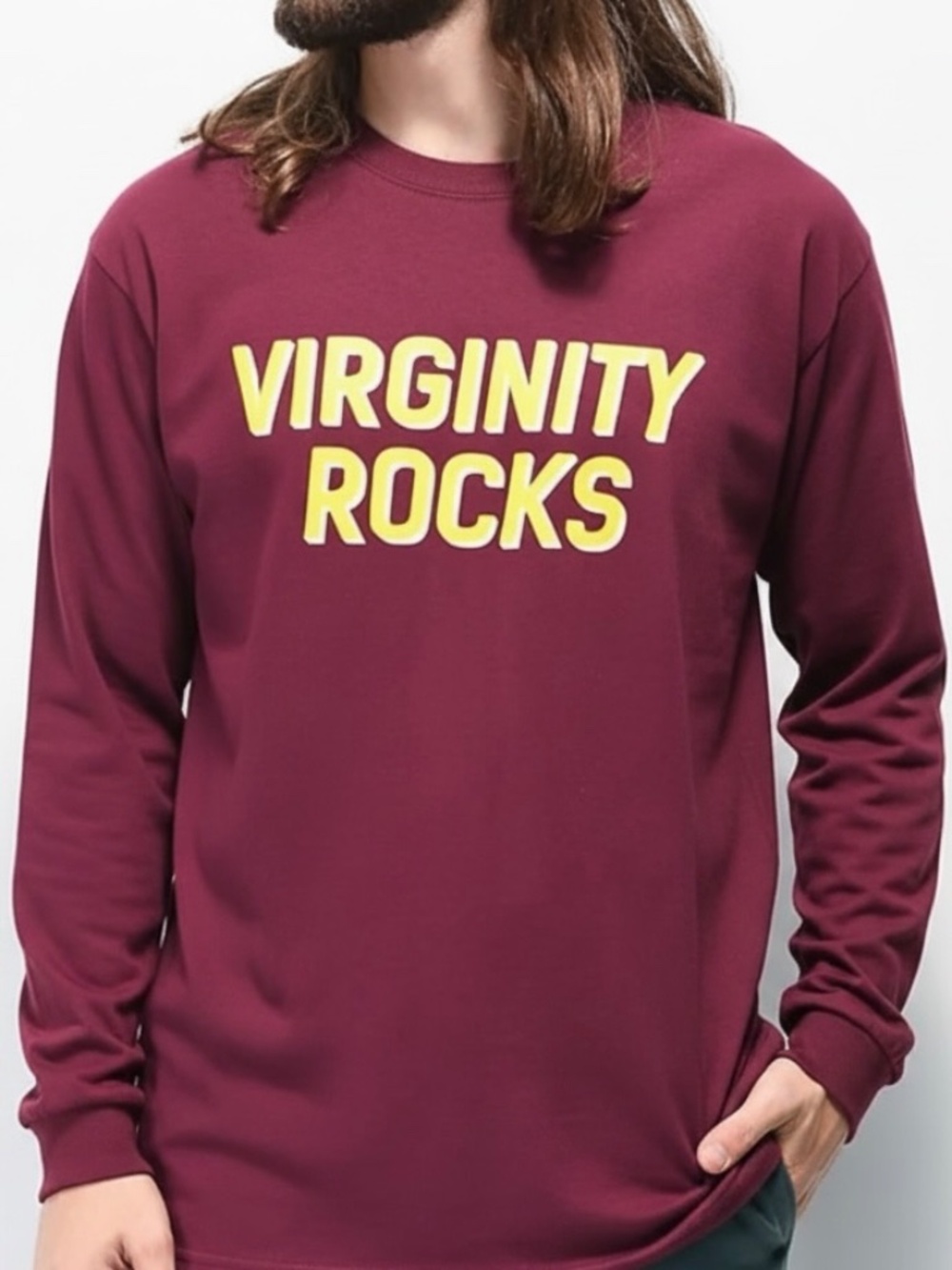 NWOT [Danny Duncan] Burgundy Red <Virginity Rocks> Long Sleeve Tee Shirt | Small